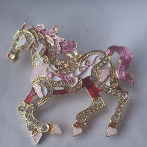 Horse Rhinestone Enamel  Brooch - Pink & Red Accents